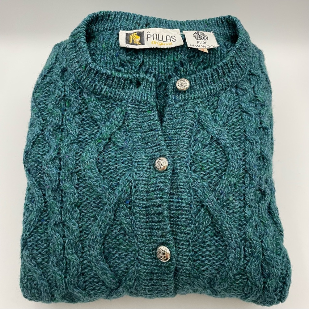 Vintage Pallas Irish Wool Cardigan Sweater Medium Teal Green EUC